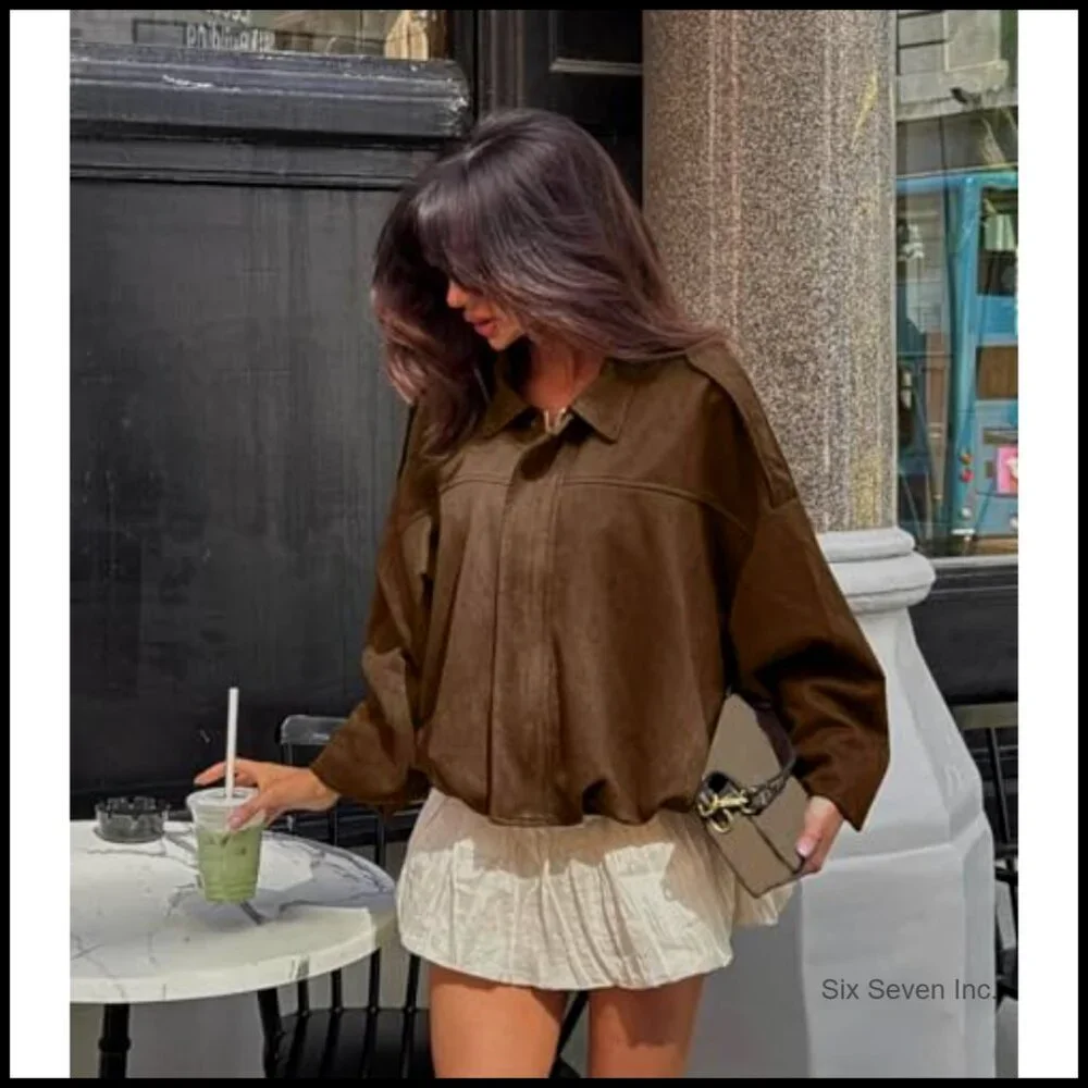 Faux Suede Bomber Jacket Oversized Lapel Long Dolman Sleeves Streetwear Chic - Picture 4 of 7